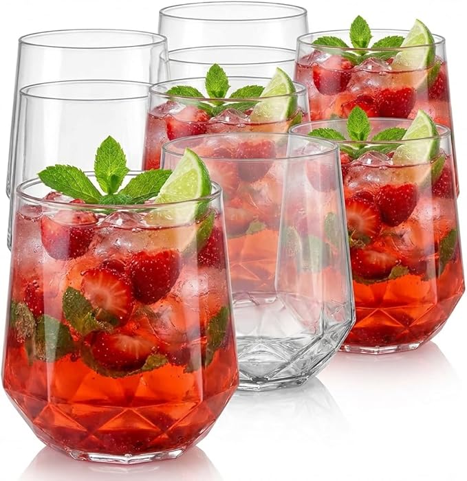 Oojami 40 Pack Diamond Shaped Plastic Wine Glasses 12 oz - Stemless Disposable Unbreakable Cups for Champagne Whiskey Cocktails, BPA-Free Shatterproof Drinkware for Wedding Party Home Bar (Clear)