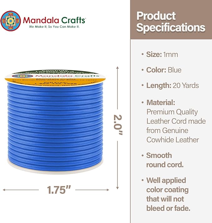 Mandala Crafts Round Cowhide Genuine Blue Leather Cord for Jewelry Making Kumihimo Leather Rope Spool - Blue 20 Yds 1mm Cording