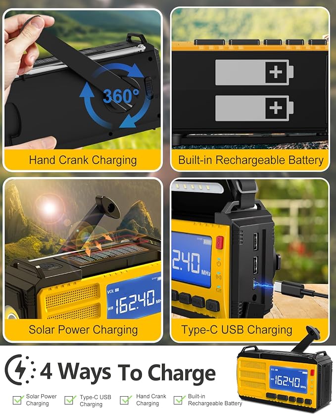 10000mAh Emergency Hand Crank Radio, AM/FM/NOAA Weather Alert, Solar Powered, 4 Charging Methods, 3-Mode Flashlight, Reading Lamp, SOS Alarm, Phone Charger, Orange