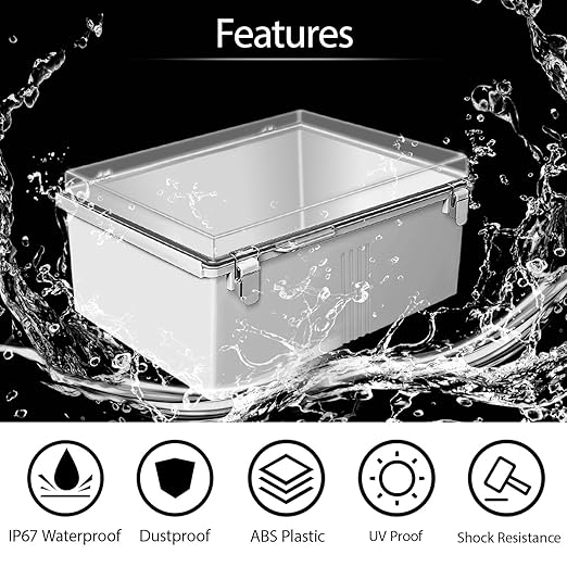 LeMotech Electrical Box, IP67 Waterproof Hinged Clear Cover Stainless Steel Latch Junction Box, ABS Plastic Electrical Enclosure with Mounting Plate,Wall Brackets, Cable Glands,19.6"x15.7"x7.8",Grey