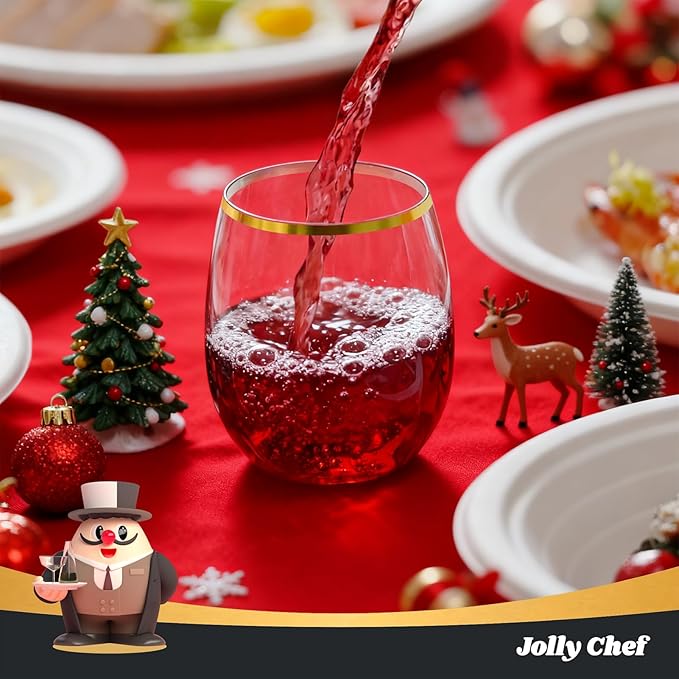 JOLLY CHEF 12 Pack 12oz Gold Plastic Wine Glasses Stemless, Gold Disposable Wine Cups, Premium Quality, Unbreakable, Disposable Plastic Wine Cups for Party, Halloween, Christmas, Thanksgiving