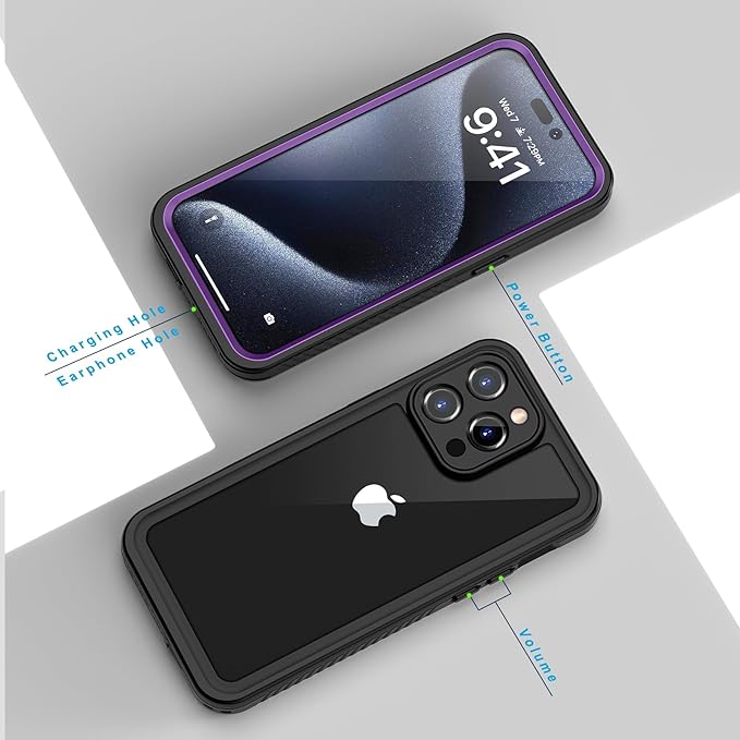Lanhiem for iPhone 15 Pro Case, IP68 Waterproof Dustproof Shockproof Cases with Built-in Screen Protector, Full Body Sealed Protective Front and Back Cover for iPhone 15 Pro - 6.1 inch (Purple)