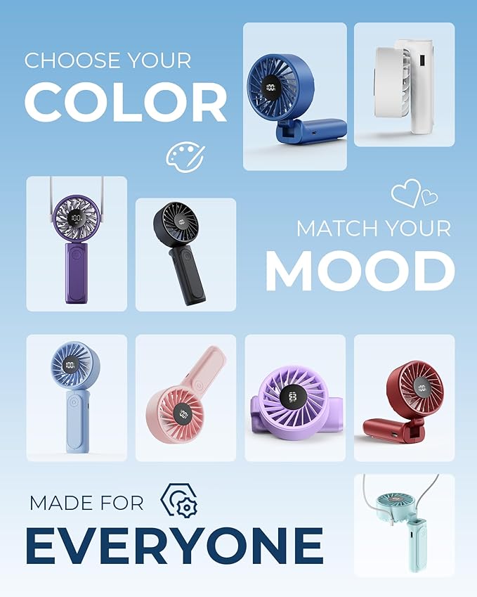 Peiyuu Handheld Portable Fan, 4000mAh USB Rechargeable Personal Fan, 180° Foldable Mini Desk Fan with 6 Wind Speed, LCD Digital Display, Lanyard as Neck Fan, Ultra Quiet