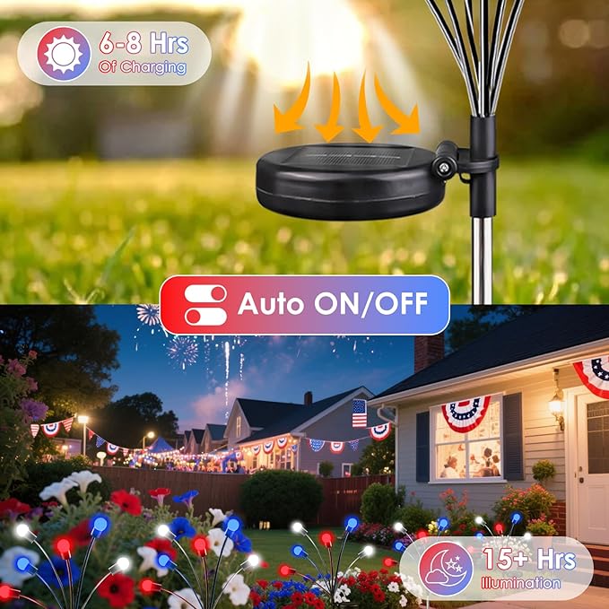 OZS 6 Pack Solar American Flag Lights - 4th of July Solar Garden Outdoor Waterproof Firefly Light for Memory Day, Independence Day, National Day Decoration (Red White Blue)