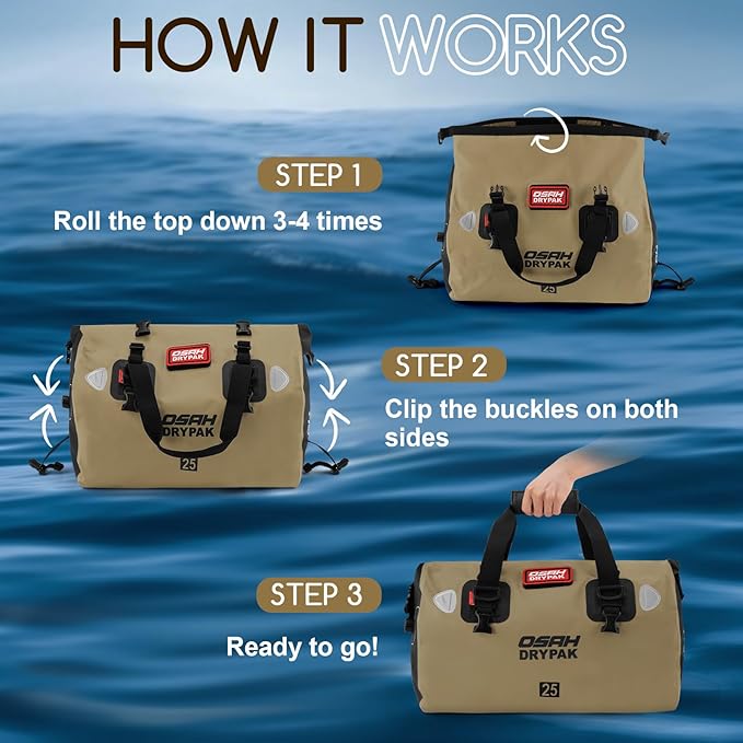 OSAH DRYPAK Waterproof Duffel Bag - Motorcycle Dry Bag Tail Bag with Large Storage Space, Waterproof Luggage Duffle Bags with Outer Mesh Zipper Pocket for Camping, Kayaking, Fishing & Traveling