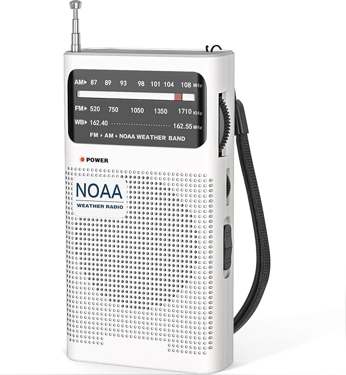 Goodes NOAA Weather Radio, AM FM NOAA Emergency Radio Portable with Best Reception, Headphone Jack, Powered by 2 AA Battery, Transistor Radios Battery-Operated for Emergency, Hurricane, Home(White)