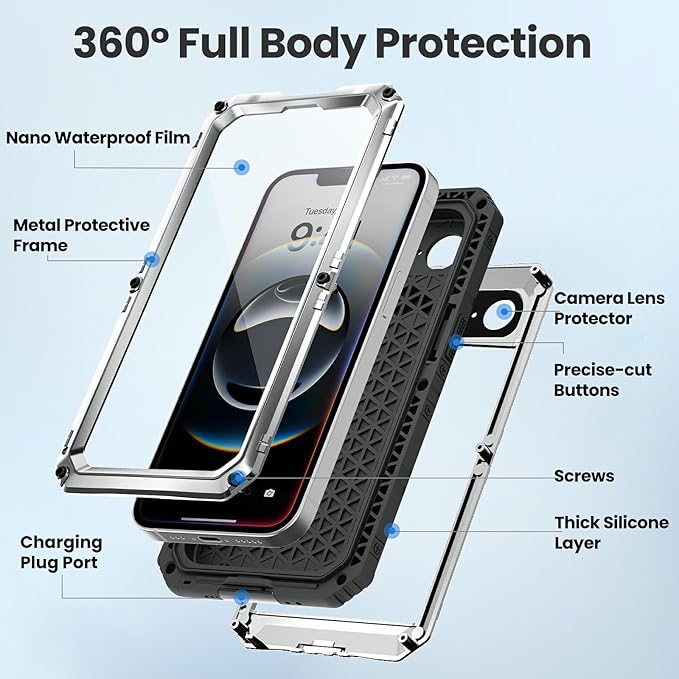 Mitywah Waterproof Case for iPhone 16e and for iPhone 17e, Shockproof Heavy Duty Case with Built-in Screen Protector, Underwater Full Body Protective Metal Case 6.1 inch, Silver
