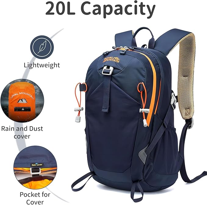20L Lightweight Hiking Backpack With Rain-cover, Daypack Waterproof Travel Camping Backpacks for Men Women, Outdoor Sports Daypack For Camping, Daily Commuting, Short Trips (Navy Blue)
