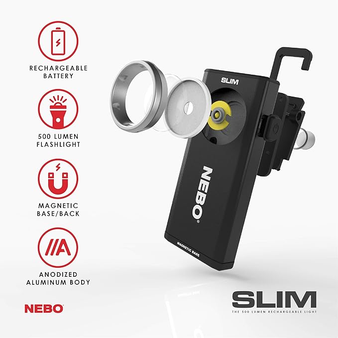 NEBO SLIM Pocket Flashlight | 500 Lumens, Rechargeable Mini EDC Work Light, Magnetic Base & Dimmable Brightness, Durable & Water Resistant, Includes Charging Cable — Black