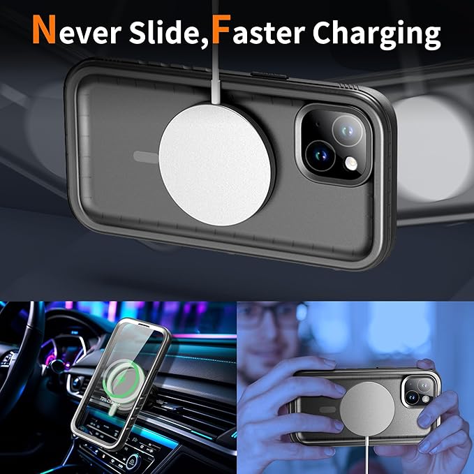 Cozycase for iPhone 15 Waterproof Shockproof Dustproof Case [Compatible with MagSafe] - Heavy Duty/360 Full Body/Military Grade/Rugged Built in Screen/Camera Protector with Lanyard Black