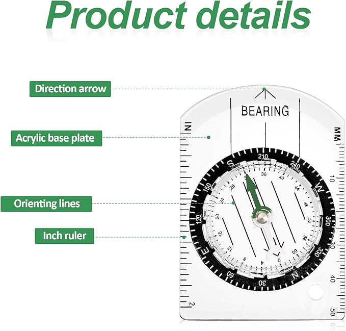 BBTO 9 Pieces Orienteering Compass Hiking Backpacking Camping Compass Map Reading Outdoor Waterproof Tool for Scout Kids Women