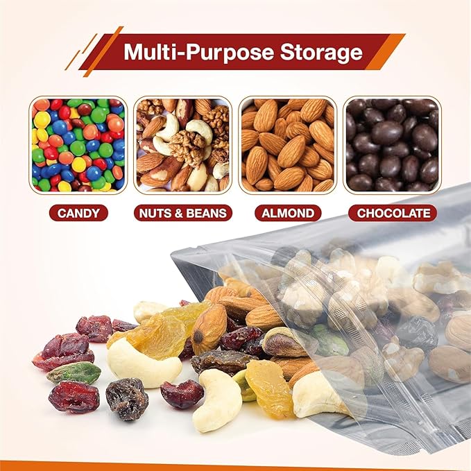 BELLE KR® Pint 5x8 Mylar Bags for Food Storage - Pack Of 200-7.5mil Thickness - Stand Up Clear Mylar Bags with See Through Window - Resealable