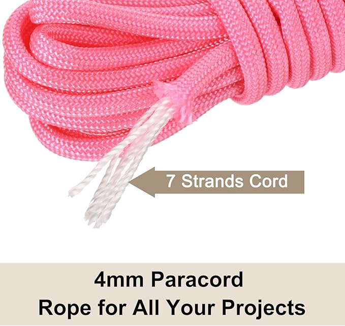 550 Paracord Rope 10ft, 4mm Thin Paracord Nylon Cord 7-Strand Core [for Tent Camping Outdoor Gear] - Fluorescent Pink
