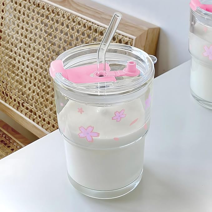 Iced Coffee Cup, 15Oz/450ml Glass Cups With Lids And Straws, Iced Coffee Glasses Tumbler, Thick Wall Mug For Tea Water With Glass Straw, Coffee Cute Tumbler Gifts (Pink)