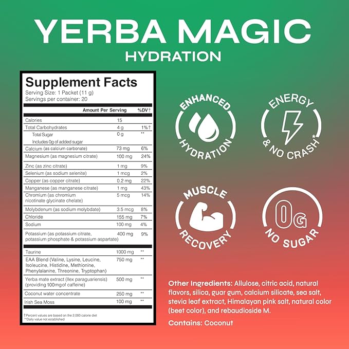 Yerba Magic Hydration + Energy - Juicy Watermelon with Electrolytes, Yerba Mate Caffeine, Sea Moss, Amino Acids & Coconut Water for Hydration, Muscle Recovery & Clean Energy - Zero Sugar (20 Stick Packs)