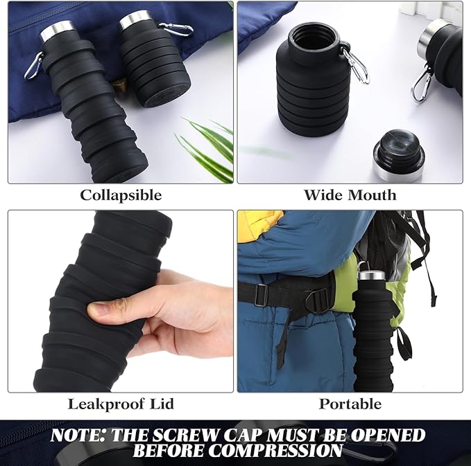 Lallisa 4 Pcs Collapsible Water Bottles 17 oz Reusable Silicone Foldable Travel Water Bottle Portable Leak Proof Sports Water Bottles for Gym Camping Hiking (Black)