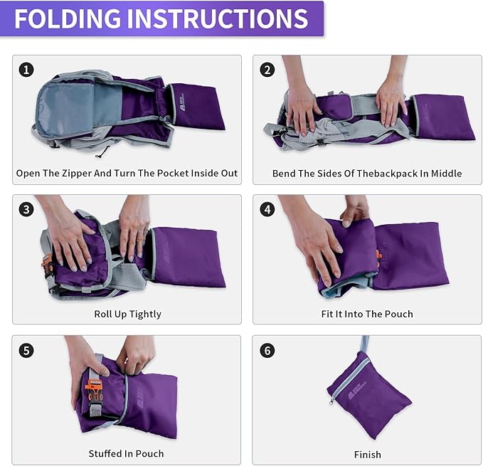 Hiking Backpack 10L/15L Small Daypack Lightweight Packable Travel Foldable Water Resistan for Women Men (Deep Purple, 15L)