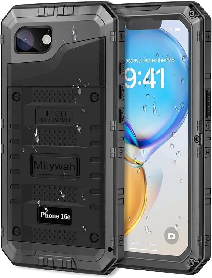 Mitywah Waterproof Case for iPhone 16e and for iPhone 17e, Shockproof Heavy Duty Case with Built-in Screen Protector, Underwater Full Body Protective Metal Case 6.1 inch, Black