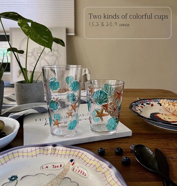 KLIFA- HAWAII series- 15.2 & 20.9 ounce, Set of 8, Sea World Acrylic Drinking Glasses, Shatter-proof Tumblers, BPA-Free, Stackable Plastic Drinkware, Dishwasher Safe Cups, Clear with 2-color printing