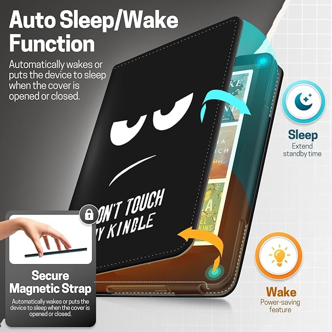 TNP Stand Case with Strap for Kindle Paperwhite 12th Gen 2024 / Kindle Colorsoft Signature Edition - 7" PU Leather Protective Folio Cover with Auto Wake/Sleep & Card Slot, Don't Touch