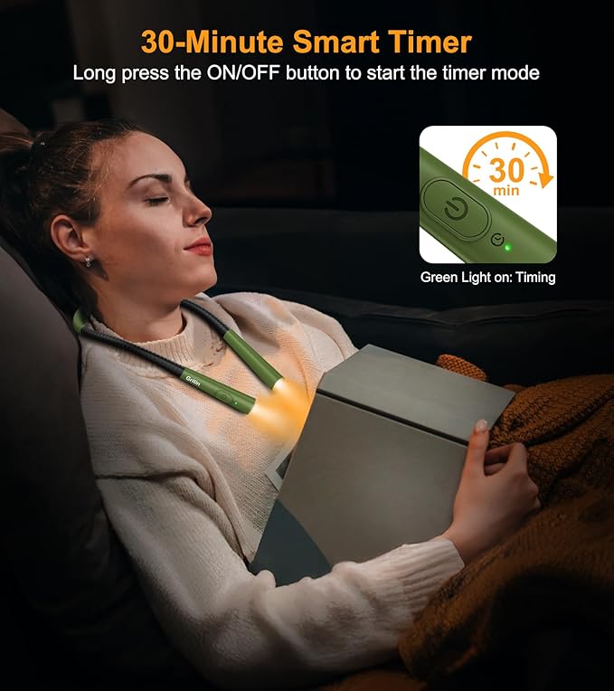 Gritin Book Light, Eye Caring 4-Color & 5-Brightness Neck Light Reading Light- Stepless Dimming,30-min Timer,80+ Hrs Runtime,Bendable Round Neck Design, Lightweight for Reading-Deep Green