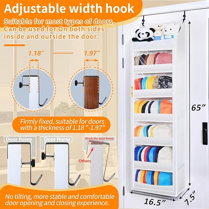 Toread 7-Layer Door-Mounted Baseball Cap Organizer, Dust-Proof Hat Rack Holds 90 Hats, Adjustable Non-Slip Hooks, Multi-Purpose Organizer for Nursery, Bathroom, Bedroom - Patented Design