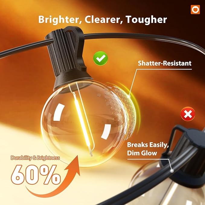 addlon Outdoor String Lights 50FT G40 with Remote, 27 LED Shatterproof Bulbs, Dimmable Patio Globe Lights Waterproof, Hanging Outside Lighting for Backyard, Garden, Deck, Balcony, Porch, Café, Decor