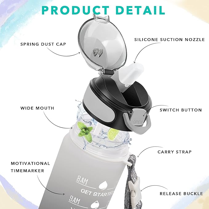 Enerbone 32 oz Drinking Water Bottle with Times to Drink and Straw, Motivational with Carrying Strap, Leakproof BPA & Toxic Free, Ensure You Drink Enough Water for Fitness Gym Outdoor