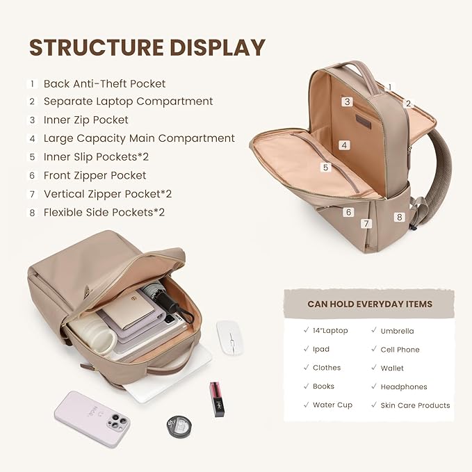 Laptop Backpack for Women, Work Business Traval Computer Backpacks with Laptop Compartment Waterproof Casual Daypack for Travel College,14Inch,Champagne Brown
