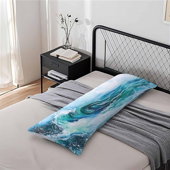 Couch Body Pillow Cover Ocean Wave Bedding Body Pillow Case for Men Women, Watercolor Sea Waves Blue Oblong Pillow Covers Throw Cushion Cases for Home Sofa Livingroom 20"X 54"