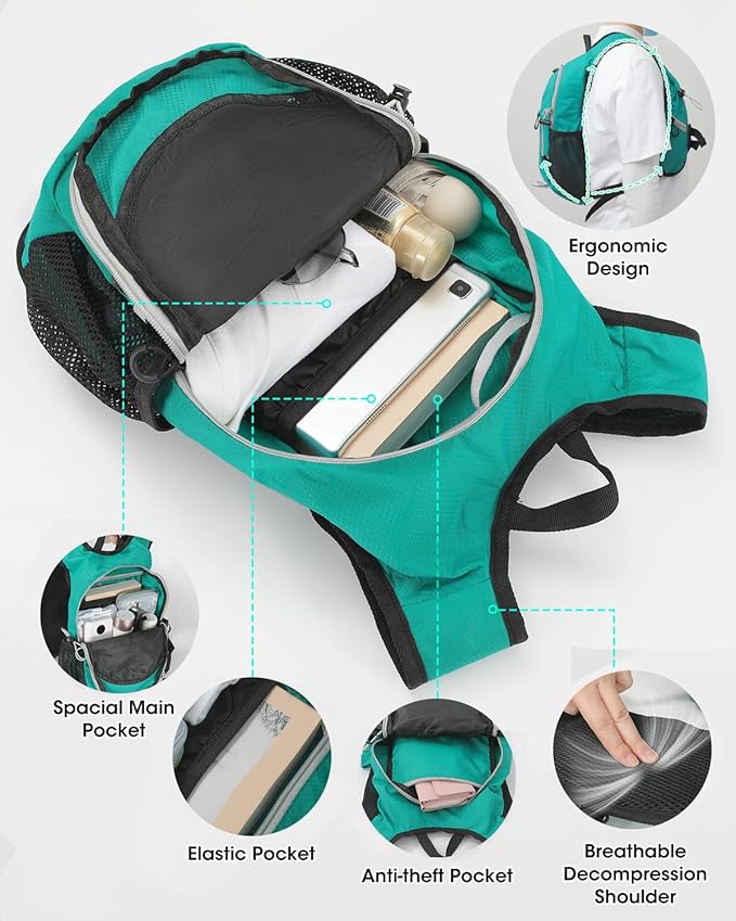 Foldable Small Hiking Backpack with 3 Strap Pockets – Lightweight 300D Spill-proof Daypack for Men Women – Packable Small Travel Backpack with Chest Strap & Trekking Pole Holder – Durable Outdoor Bag
