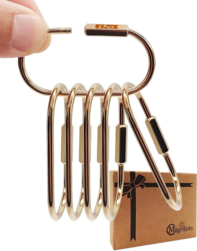 Brass Gold Carabiner Clip for Keys - Loose Leaf Binder Rings, Screw Lock Keychain and Carabiner Clip with Lock for Backpacks, Luggage Tags, Pet Collar Clips and Outdoor Accessories, 6 Packs