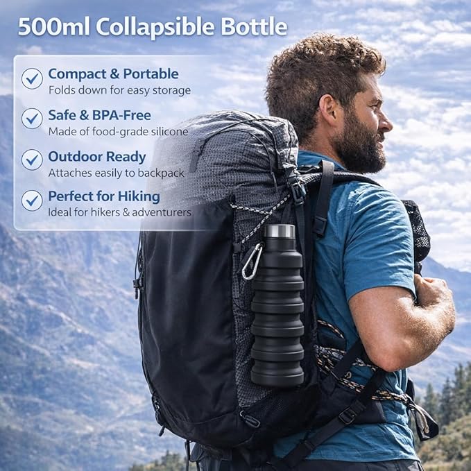 Collapsible Water Bottles,16oz Capacity Portable Reusable Silicone Water Bottle,Leak-proof,with buckle,foldable storage,Lightweight Durable for Fitness,Cycling,Sports,Camping,Hiking (Grey+Pink)
