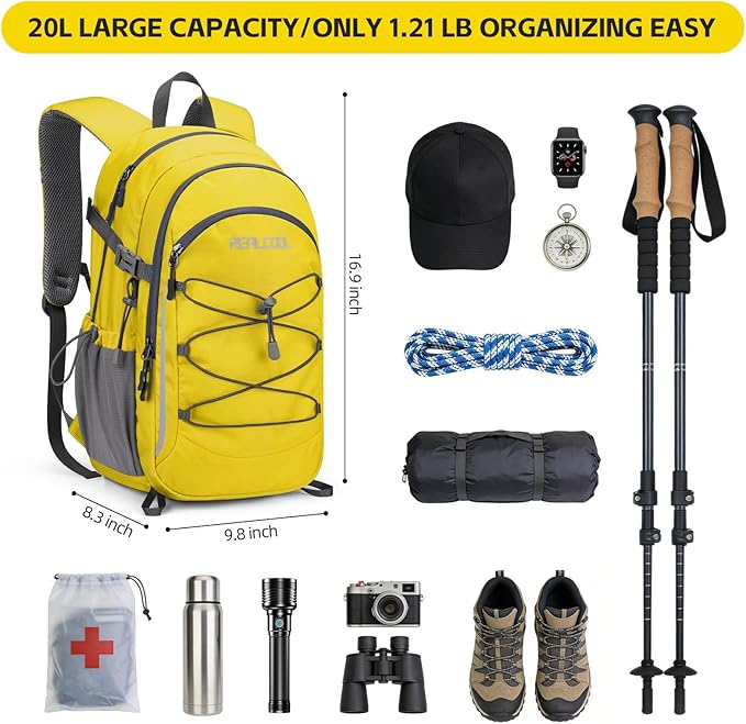 RealCool Hiking Backpack for Men Women,20L Lightweight Waterproof Travel Camping Backpack Hiking Daypack for Cycling Running,Yellow
