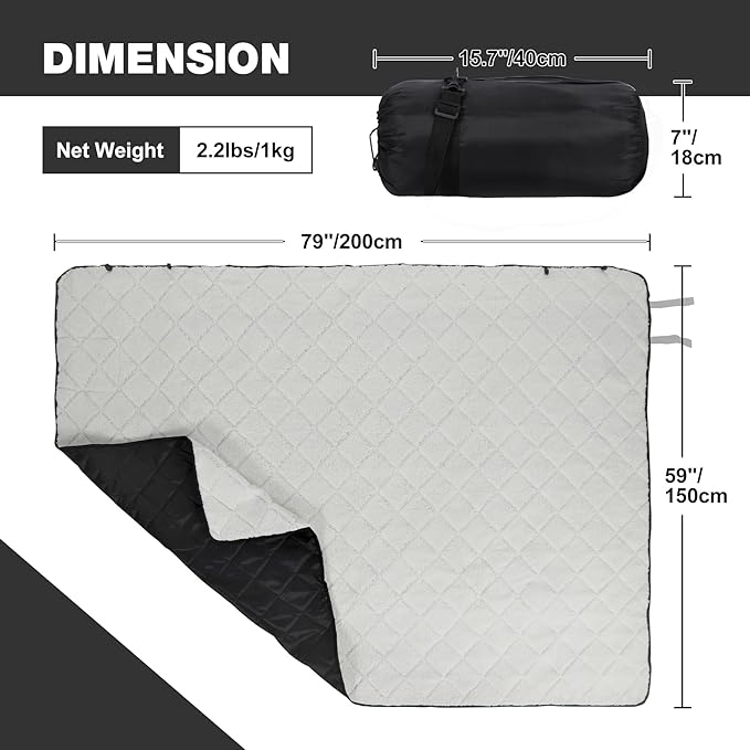 REDCAMP 59"x79" Large Warm Camping Blanket Waterproof Windproof with Fleece Lining, Outdoor Blanket for Cold Weather Stadium Picnic Travel, Machine Washable Black & White