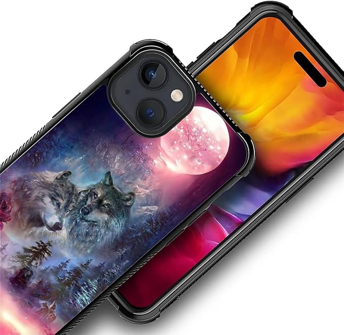 for iPhone 15 Case, Star Two Wolfs Howling Pattern Graphic Design Girl Boy Soft Silicone Hard Acrylic Shock Protection for iPhone 15