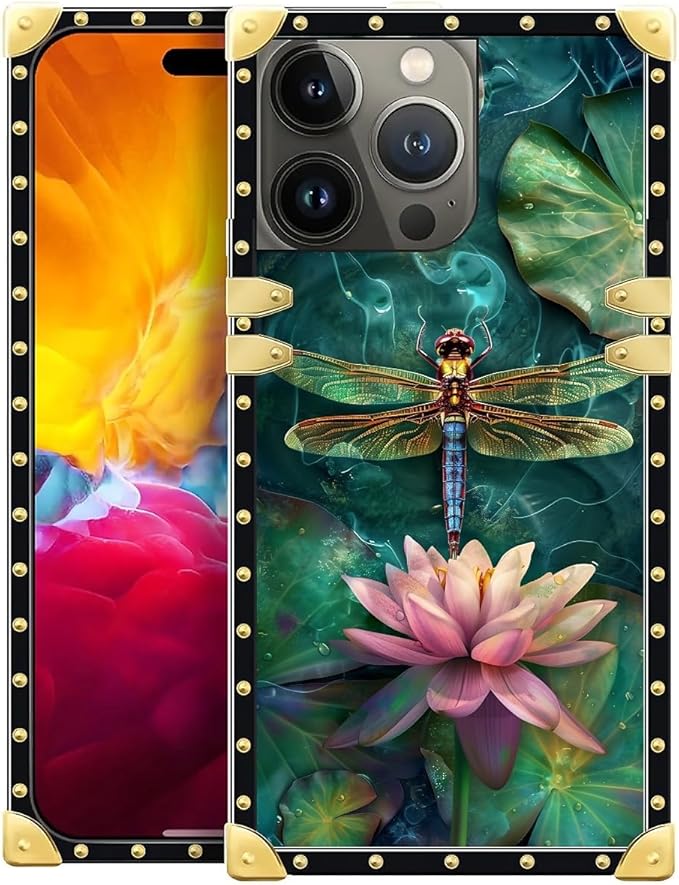 Compatible with iPhone 15 Pro Case, Colourful Dragonfly Pink Lily Pads Luxury Golden Decoration for Girl Women Soft TPU Shockproof Protective Hard PC Back for iPhone 15 Pro