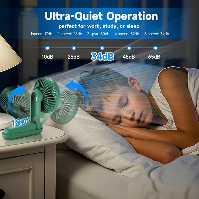 Portable Handheld Fan, 180° Foldable Personal Fan, USB Rechargeable Mini Hand Fans for Travel/Summer/Outdoor/Office, 5 Speeds Adjustable, LED Display, [5-15 Working Hours],Green