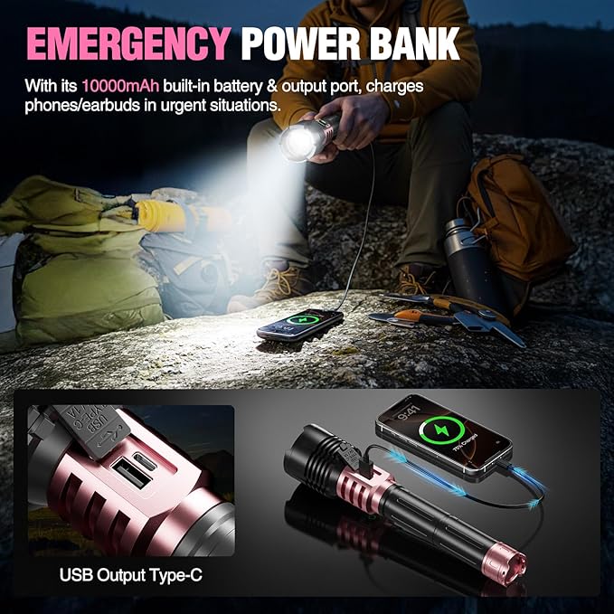 WdtPro Rechargeable LED Flashlights High Lumens, Super Bright 90000LM Rechargeable Flashlight with LCD Display, 5 Modes & Waterproof Powerful 10000mAh Handheld Flashlight for Camping Emergency Pink