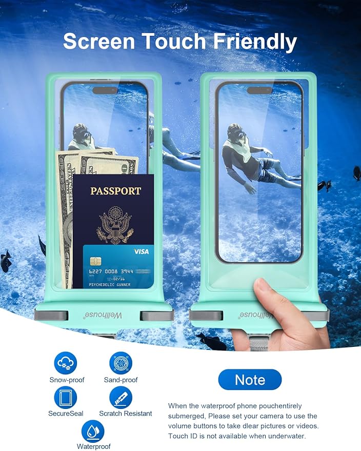 wellhouse Waterproof Phone Pouch, Waterproof Phone Case for iPhone 17 16 15 14 13 Pro Max XS Samsung, IPX8 3D Cellphone Dry Bag Beach Essentials (1 Pack - Crystal Green8.0, 8 inch)