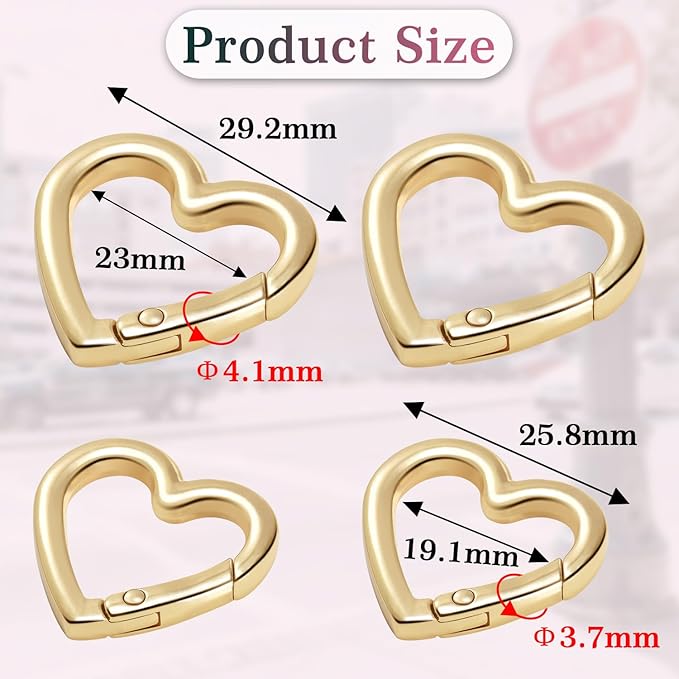 4pcs Heart Carabiner Keychain Clip, Metal Spring Heart Rings Hook Key Ring Carabiner Clips for Purse Bag Charms Backpack Strap Dog Tags Hang Water Bottle Paracord Keychain Lanyard(Gold,25mm,29mm)