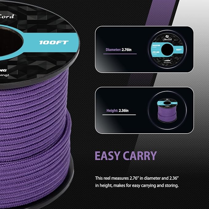 Abma Cord 2.4mm Paracord 275 100ft Nylon Rope 4 Strands Tactical Parachute Cord - Max. 275lbs - Purple