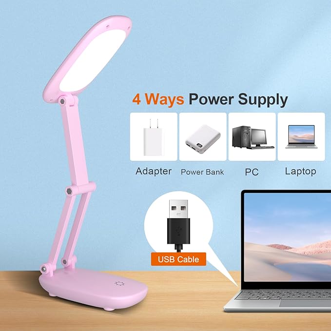 Akejrym LED Desk Lamp for Office Home & Battery Operated Lamp Rechargeable Lamp Foldable & Portable Light, [2-Fold Bracket] 3 Brightness Dimmable Small Desk Lamp Wireless Reading Lamp (Pink)