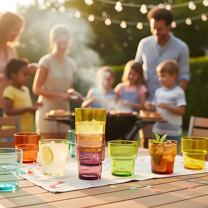 14 oz Plastic Stackable Drinking Tumblers, BPA-Free, Dishwasher Safe, Durable Shatterproof Reusable Kid Cups, Everyday Water/Juice Glasses for Indoor/Outdoor (Set of 8, Gift Box)