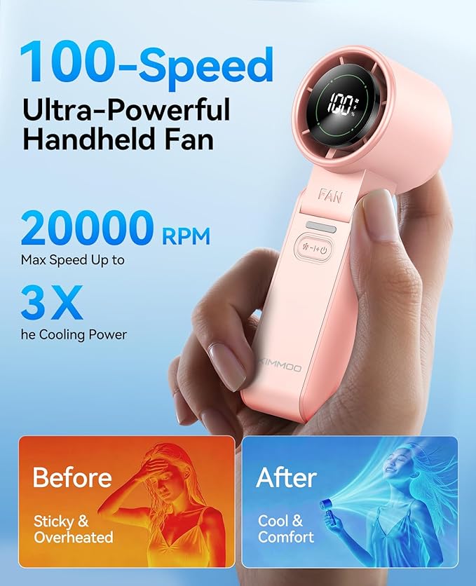 KIMMOO 2 Pack Pink Portable Handheld Turbo Fan-100 Speeds,Powerful 20000 RPM, 12Hrs Cooling, USB Rechargeable Mini Hand Held Personal Fan for Travel Makeup Outdoor Indoor