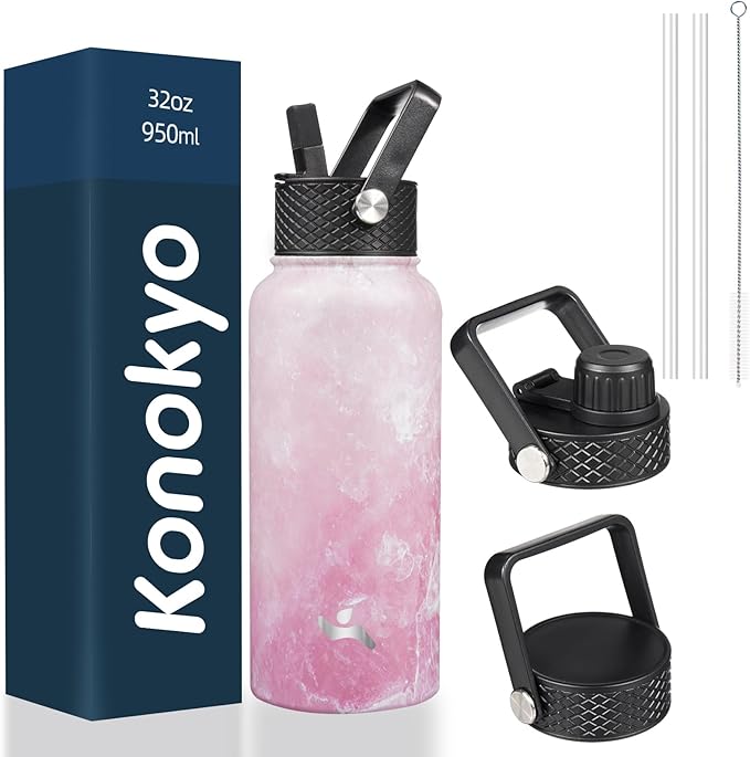 Konokyo 32 oz Insulated Water Bottle Stainless Steel Sport Bottles with 3 Lids,Marble Blossom