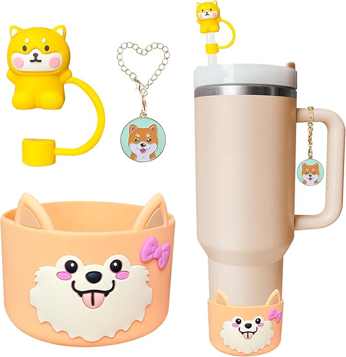 Silicone Cup Boot for Stanley 40oz Tumbler, Dog Bow Straw Cover Bottom Protector Suitable Hydro Flask,Simple Moderm,Owala,Yeti, Stanley Cup Accessories