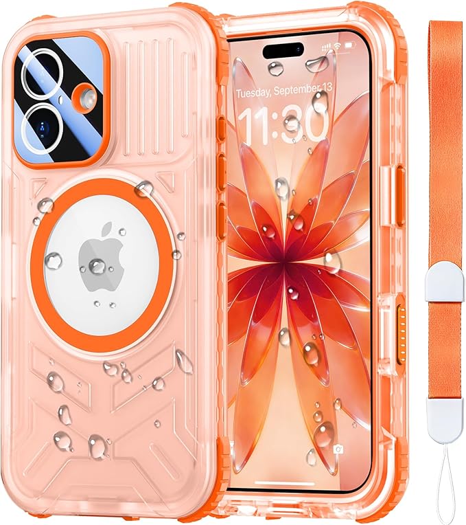 SPIDERCASE Magnetic for iPhone 17 Case Waterproof,[Built-in Screen & Camera Protector] [IP68 Underwater] 12FT Military Shockproof, Dustproof, Anti-Scratched Phone Case,Orange/Clear