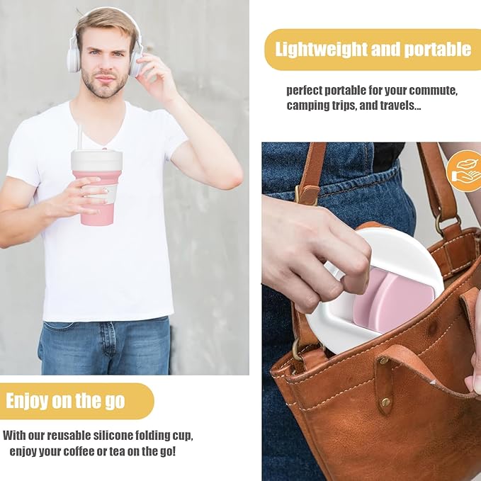 12 OZ Collapsible Travel Cup with Lid, Silicone Foldable Drinking Cup for Camping Hiking,Portable Silicone Water Bottle for Hot and Cold Beverages with Straw- Pink & White