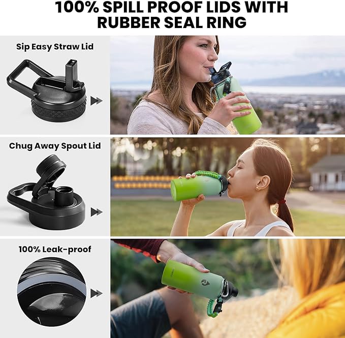 RAYMYLO Insulated Water Bottle 32 oz, Triple Wall Vacuum Stainless Steel (Cold for 24Hrs, Hot for 12Hrs), Leak Proof & Non-BPA, Modern Water Flask Jug with Paracord Handle & Straw Spout Lids